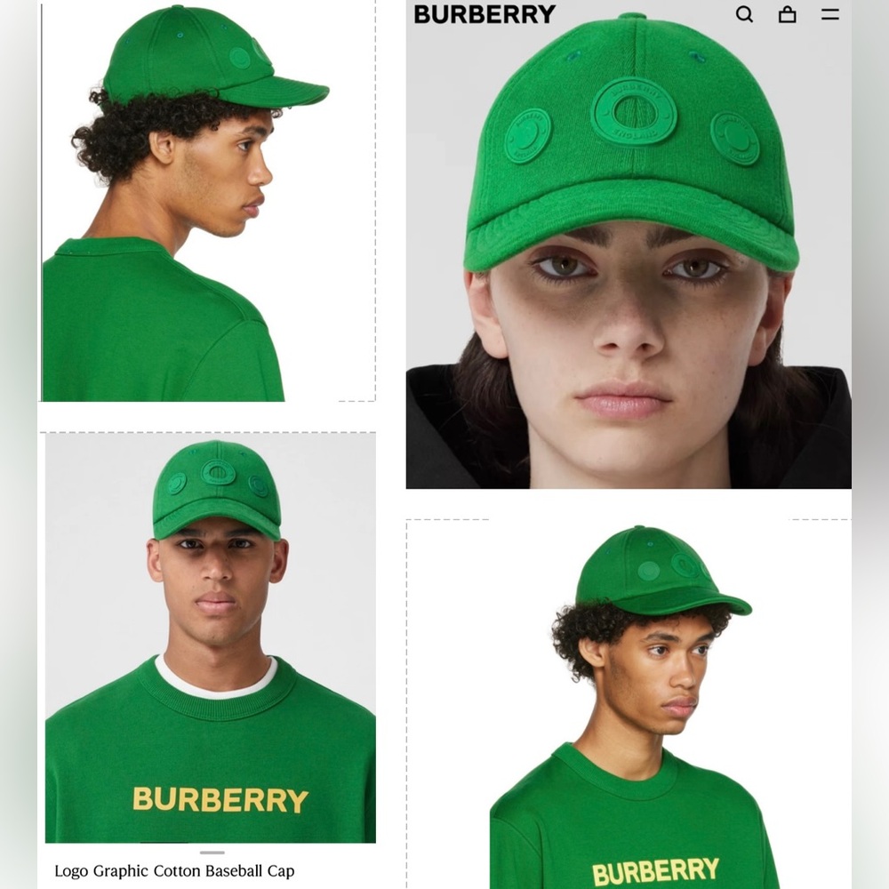 BURBERRY IVY COLOR “GREEN” RUBBERIZED LOGO PATCHES BASEBALL CAP, NWOT